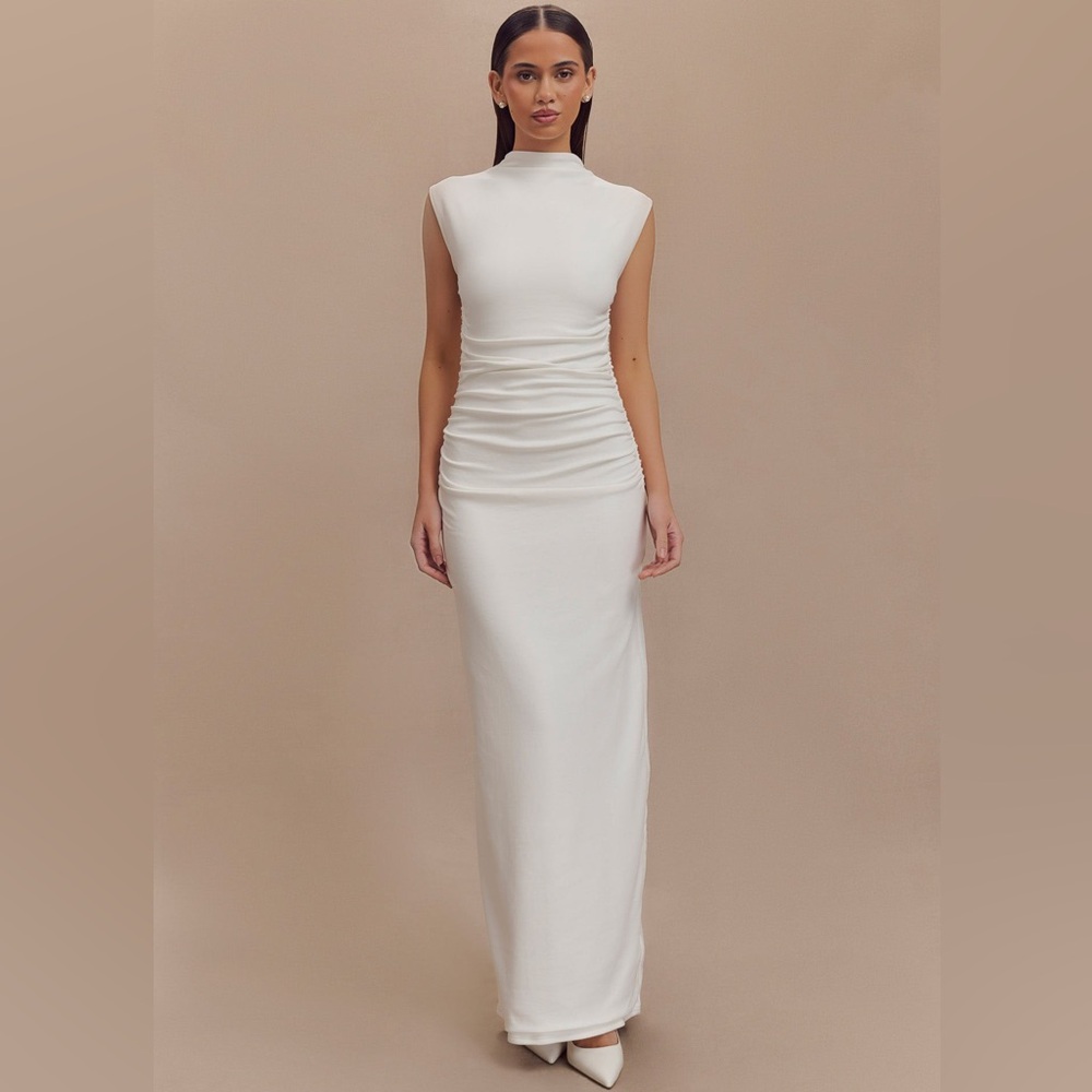 Meshki High Neck Sleevless Ruched Maxi Dress